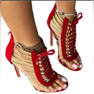 NEW - Cutout Open Toe Gladiator Lace Up High Heel Sandals - Size 10 - Red